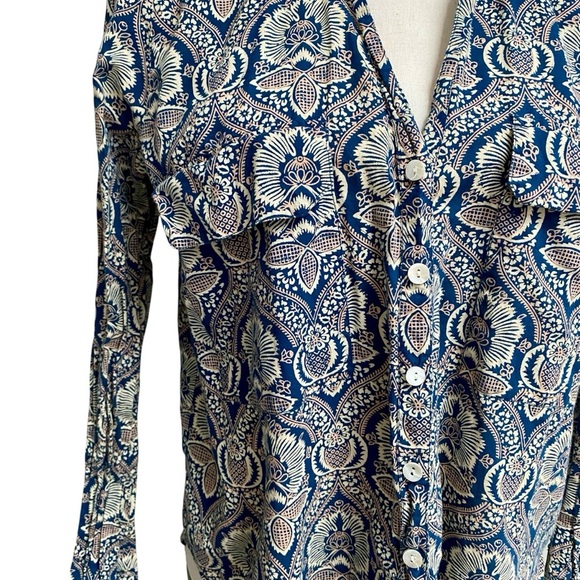 Roller Rabbit Floral Block Print Cotton Button Down Shirt Small Navy Cream - Picture 4 of 13